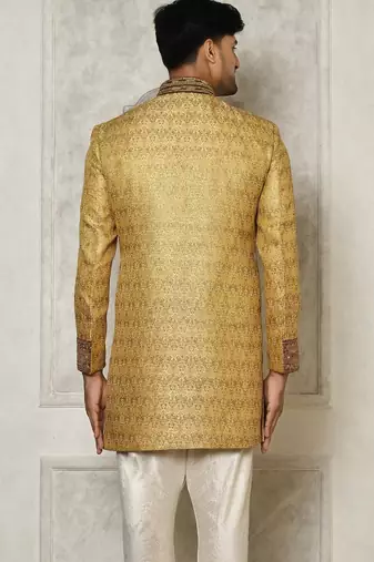 Gold straight pattern work with hand work on collar and pocket indo western