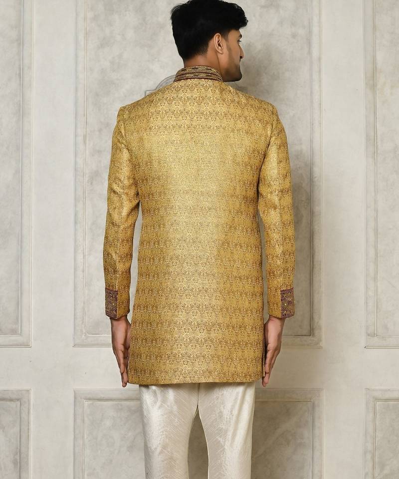 Gold straight pattern work with hand work on collar and pocket indo western