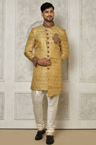 Gold straight pattern work with hand work on collar and pocket indo western