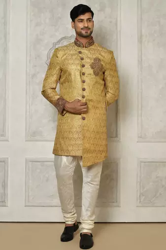 Gold straight pattern work with hand work on collar and pocket indo western