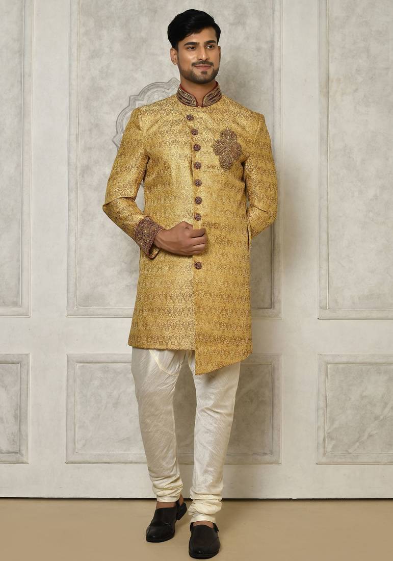 Gold straight pattern work with hand work on collar and pocket indo western