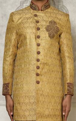 Gold straight pattern work with hand work on collar and pocket indo western 2