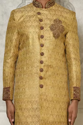 Gold straight pattern work with hand work on collar and pocket indo western
