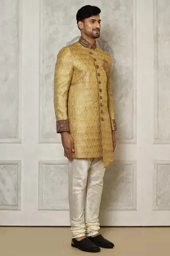 Gold straight pattern work with hand work on collar and pocket indo western
