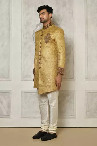 Gold straight pattern work with hand work on collar and pocket indo western