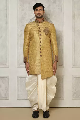 Gold straight pattern work with hand work on collar and pocket indo western
