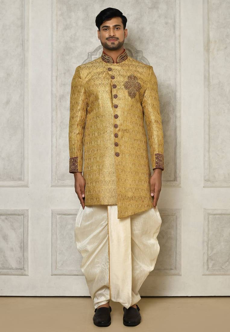 Gold straight pattern work with hand work on collar and pocket indo western