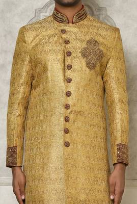Gold straight pattern work with hand work on collar and pocket indo western 2