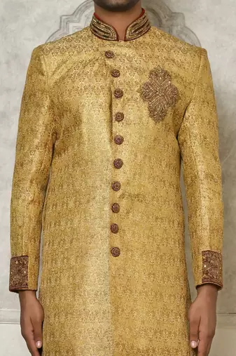 Gold straight pattern work with hand work on collar and pocket indo western
