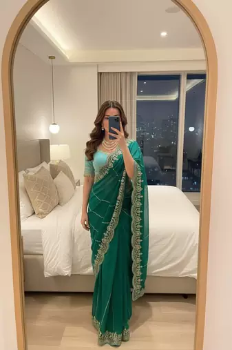 Teal Color embroidery sequence work Sattin Saree
