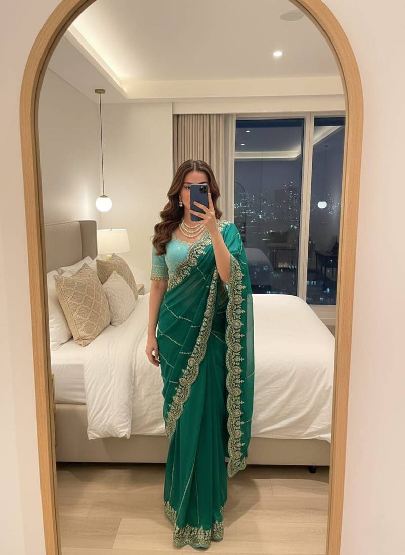 Teal Color embroidery sequence work Sattin Saree