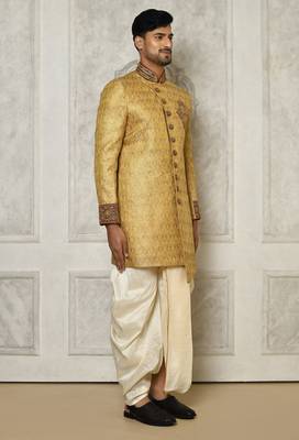 Gold straight pattern work with hand work on collar and pocket indo western 3