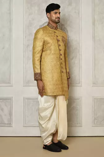 Gold straight pattern work with hand work on collar and pocket indo western