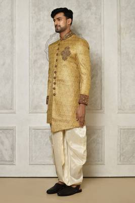 Gold straight pattern work with hand work on collar and pocket indo western 4