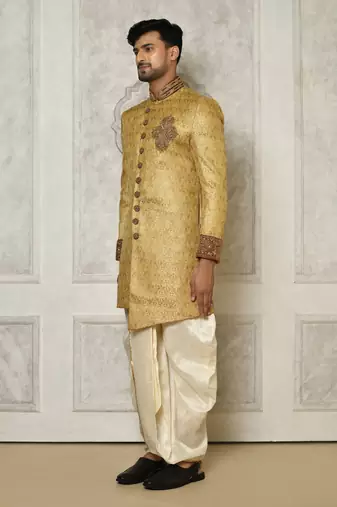 Gold straight pattern work with hand work on collar and pocket indo western