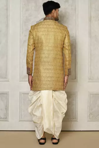 Gold straight pattern work with hand work on collar and pocket indo western