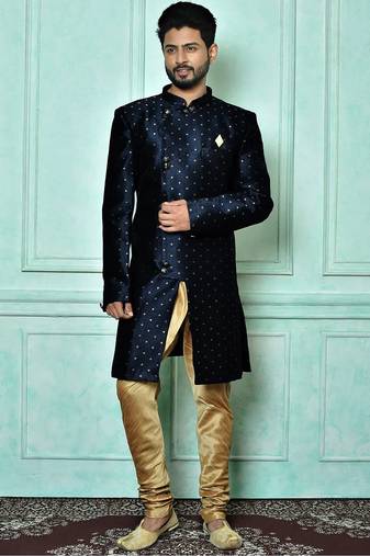 Navy blue anghrakha pattern work indo western