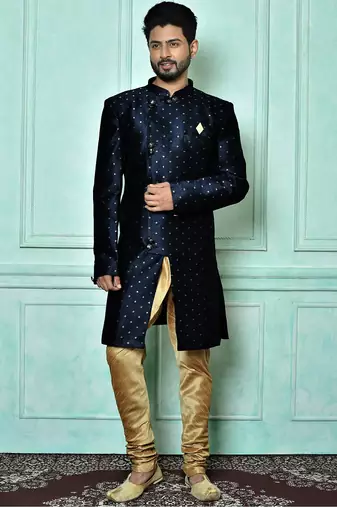 Navy blue anghrakha pattern work indo western