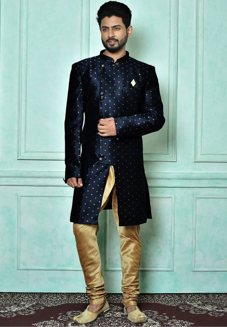 Navy blue anghrakha pattern work indo western