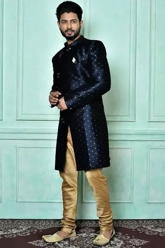 Navy blue anghrakha pattern work indo western