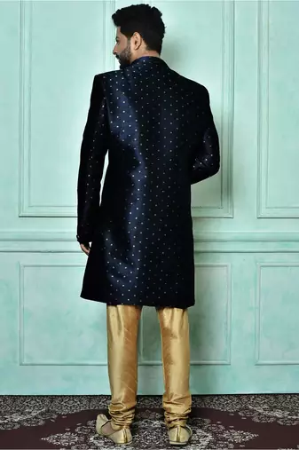 Navy blue anghrakha pattern work indo western