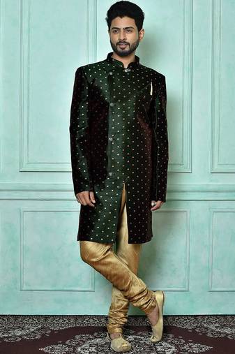 Bottle green anghrakha pattern work indo western