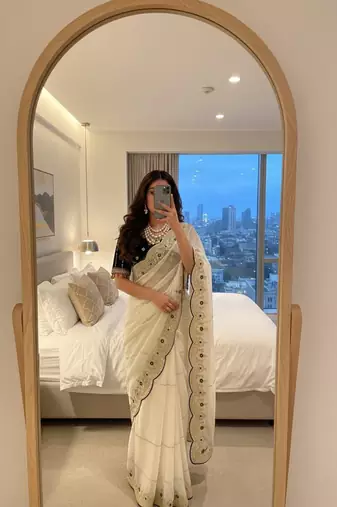 White Color embroidery sequence work Sattin Saree