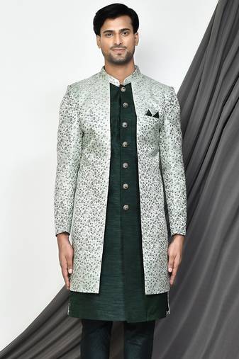 Bottle green front open pattern indo western