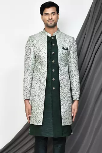 Bottle green front open pattern indo western