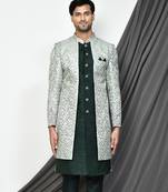 Bottle green front open pattern indo western