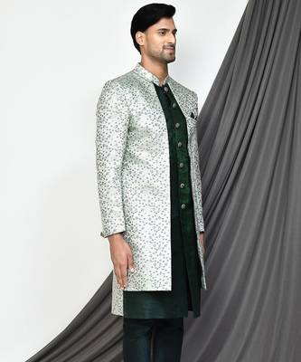 Bottle green front open pattern indo western 3