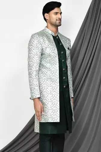 Bottle green front open pattern indo western