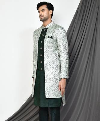 Bottle green front open pattern indo western 4