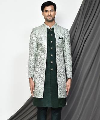 Bottle green front open pattern indo western 1
