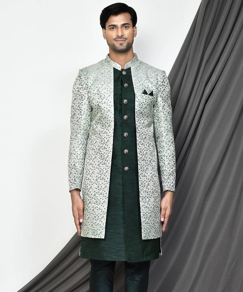 Bottle green front open pattern indo western