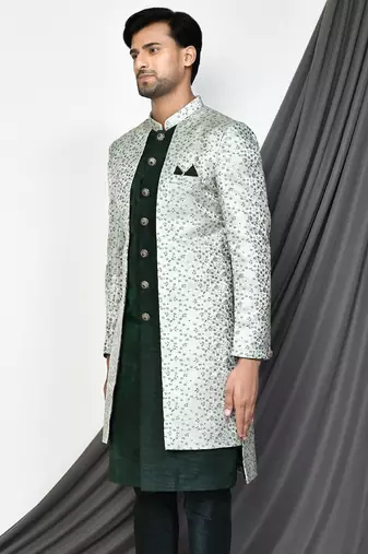 Bottle green front open pattern indo western