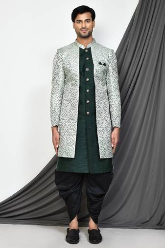 Bottle green front open pattern indo western