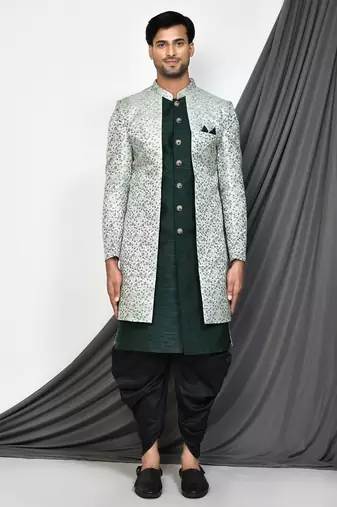 Bottle green front open pattern indo western