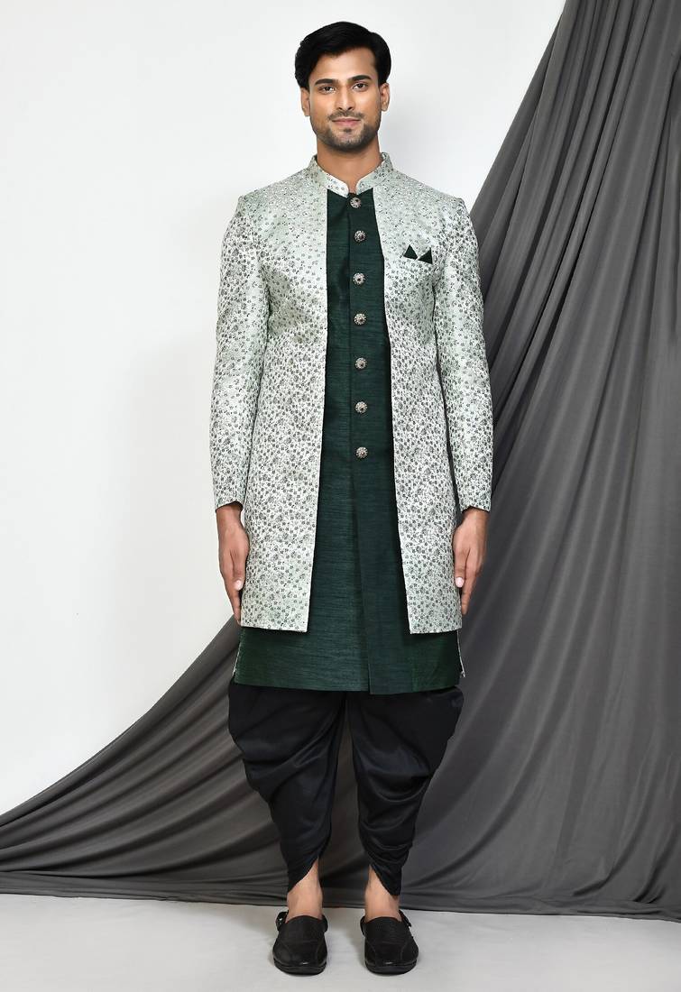 Bottle green front open pattern indo western