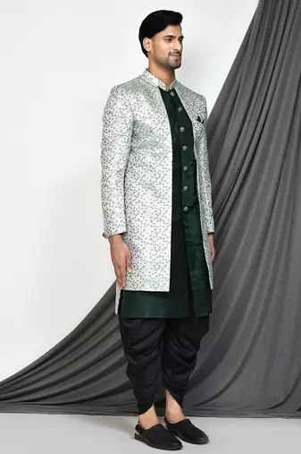 Bottle green front open pattern indo western