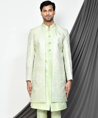 Sea green front open pattern design with detached inside sleeveless jacket indo western 2