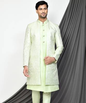 Sea green front open pattern design with detached inside sleeveless jacket indo western 1