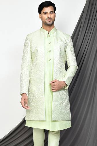 Sea green front open pattern design with detached inside sleeveless jacket indo western