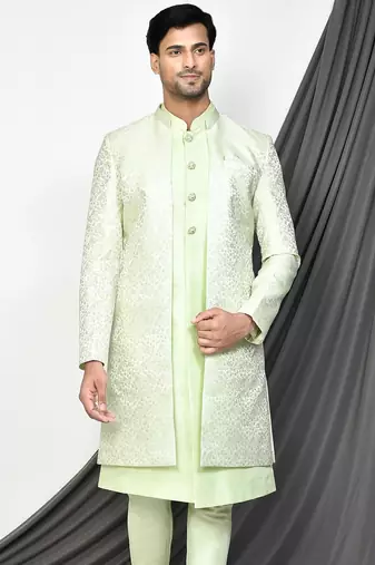 Sea green front open pattern design with detached inside sleeveless jacket indo western