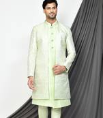 Sea green front open pattern design with detached inside sleeveless jacket indo western