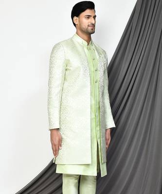 Sea green front open pattern design with detached inside sleeveless jacket indo western 3