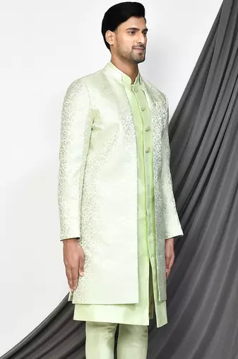 Sea green front open pattern design with detached inside sleeveless jacket indo western