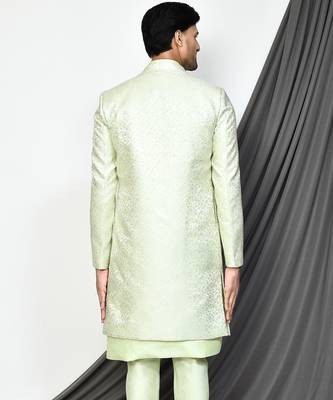 Sea green front open pattern design with detached inside sleeveless jacket indo western 4