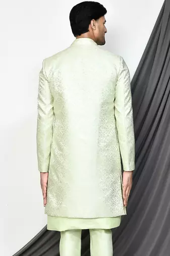 Sea green front open pattern design with detached inside sleeveless jacket indo western