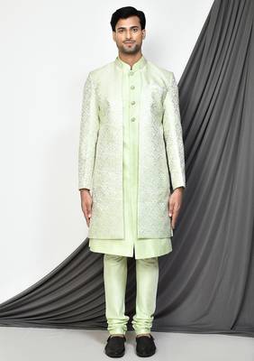 Sea green front open pattern design with detached inside sleeveless jacket indo western 1